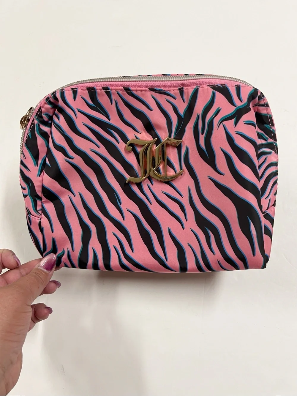 Juicy Couture Womens Puffy Pink Zebra Print Cosmetic Pouch Bag with Gold Logo